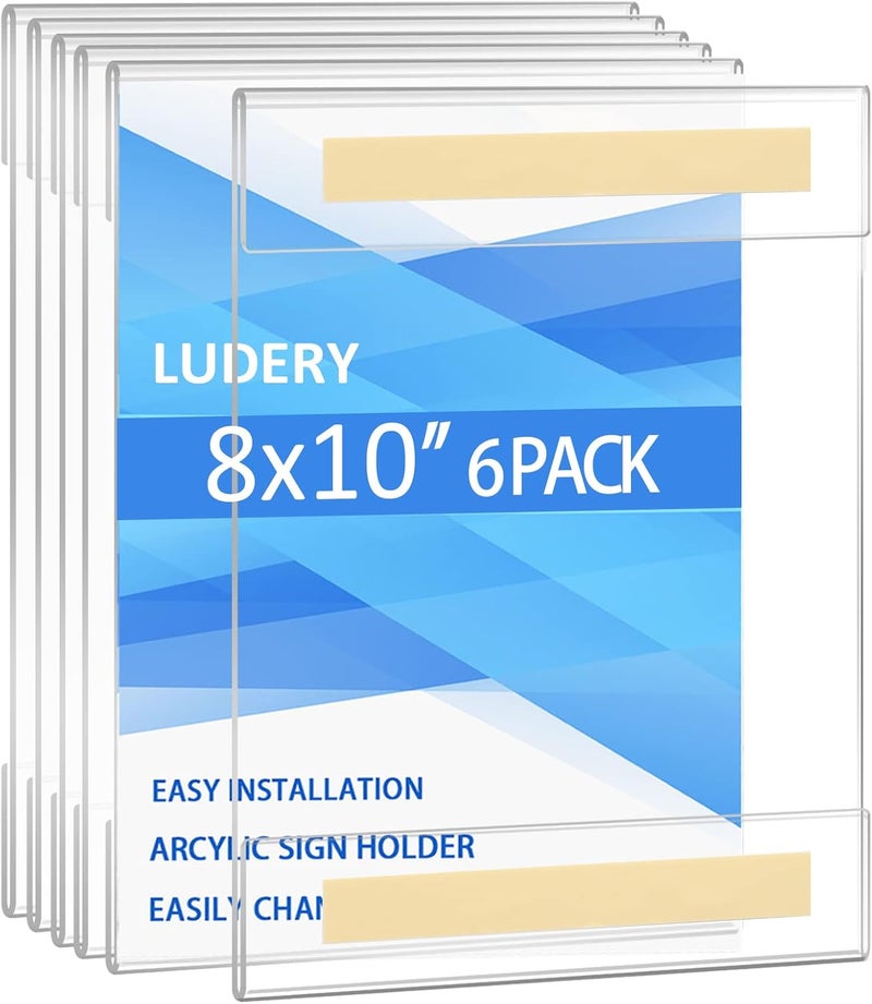 Ludery Acrylic Sign Holder 8 x 10 Wall Mount, Wall Mount Sign Holders, Clear Acrylic Frame with 3M Tape Adhesive, Plastic Wall Sign Holder for Office, Home, Restaurant(6 Pack) - Image 1